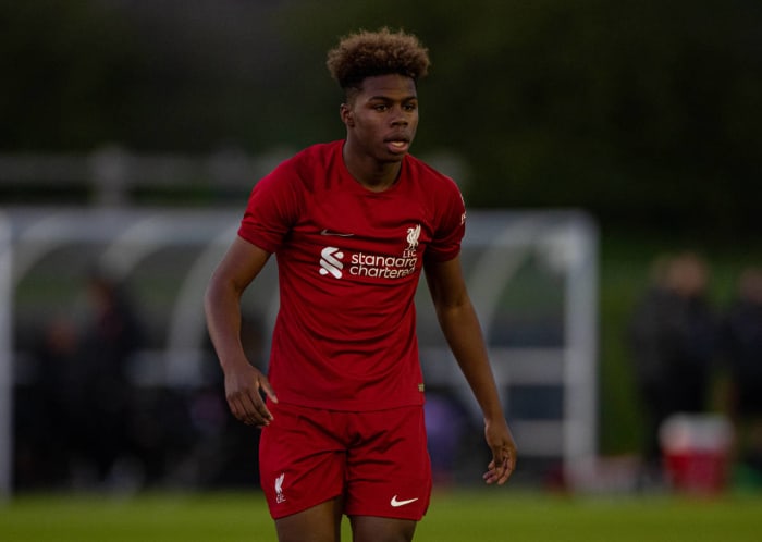 Keyrol Figueroa pictured playing for Liverpool against Derby County in the U18 Premier League in April 2023